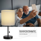 Pair of Modern Bedside Nightstand Lamps with Integrated Dual USB Rapid Charging Ports and White Textile Shades for Home Decor