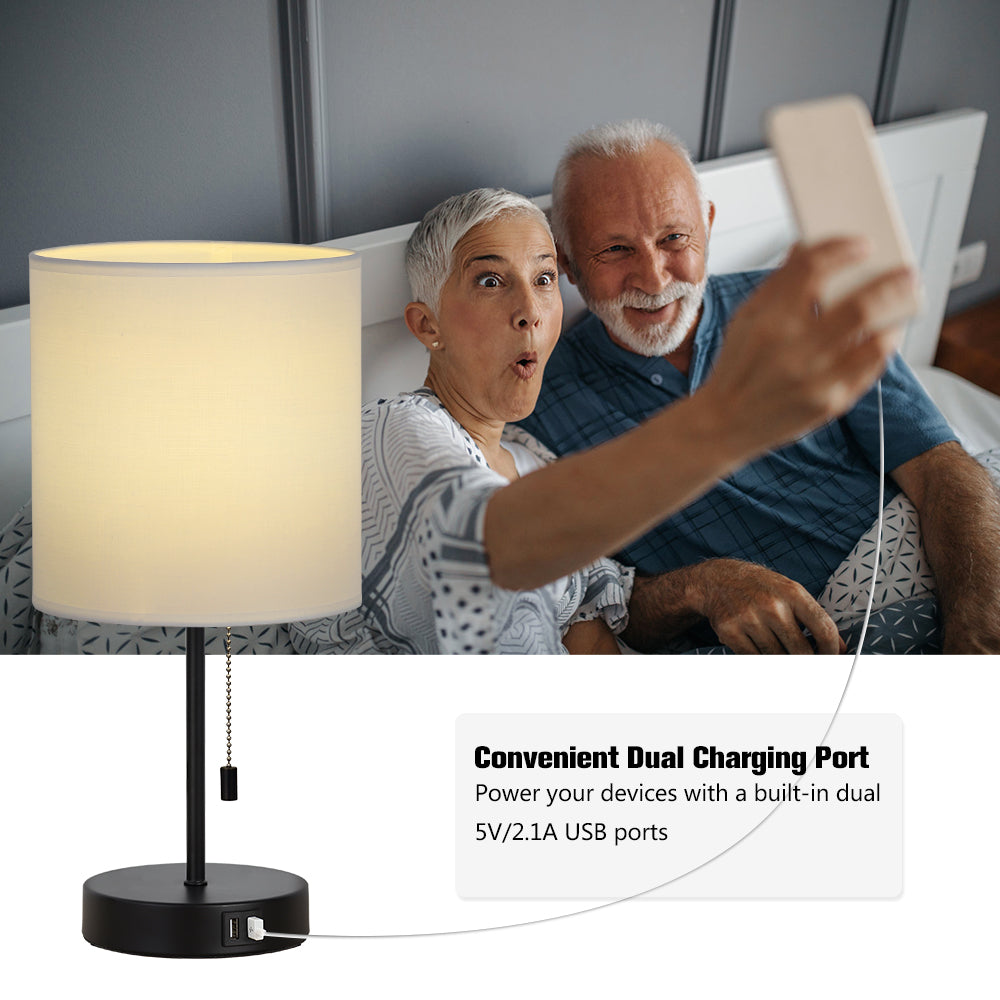 Pair of Modern Bedside Nightstand Lamps with Integrated Dual USB Rapid Charging Ports and White Textile Shades for Home Decor
