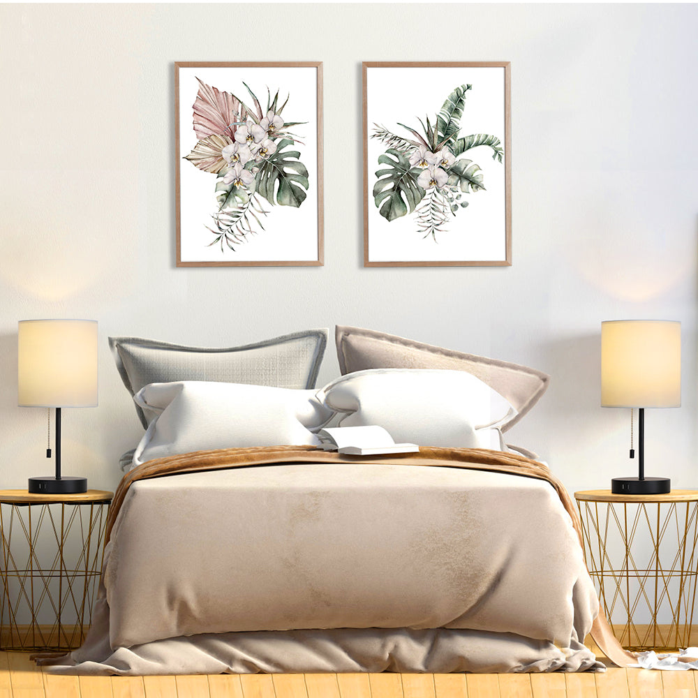 Pair of Modern Bedside Nightstand Lamps with Integrated Dual USB Rapid Charging Ports and White Textile Shades for Home Decor
