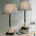 Pair of 20-Inch USB Bedside Lamps with Grey Fabric Shades and Metal Bases for Home and Office use
