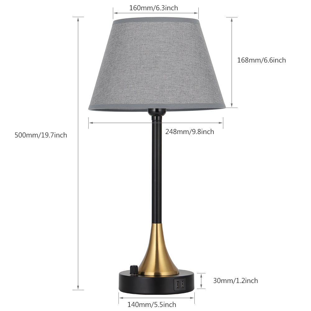 Pair of 20-Inch USB Bedside Lamps with Grey Fabric Shades and Metal Bases for Home and Office use