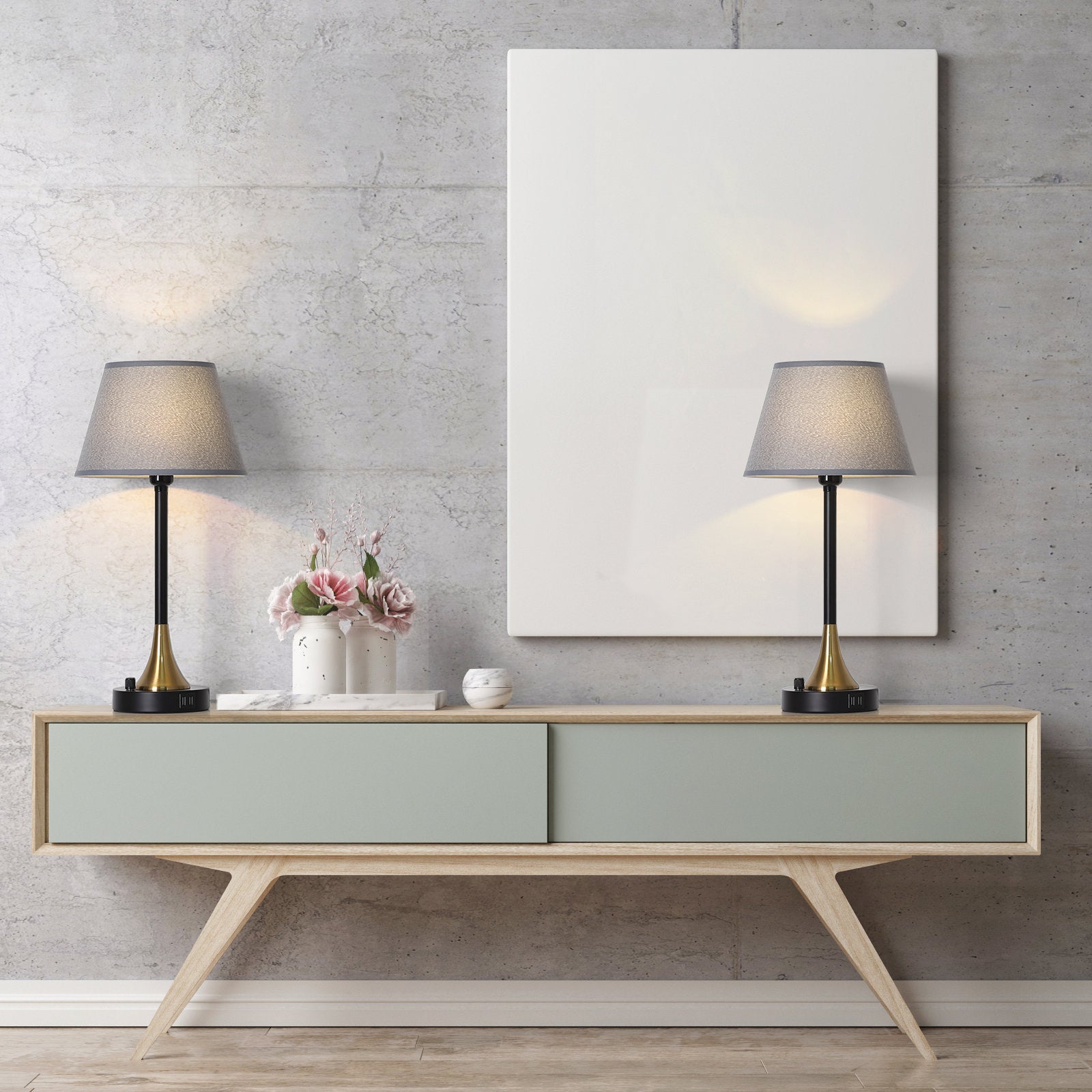Pair of 20-Inch USB Bedside Lamps with Grey Fabric Shades and Metal Bases for Home and Office use