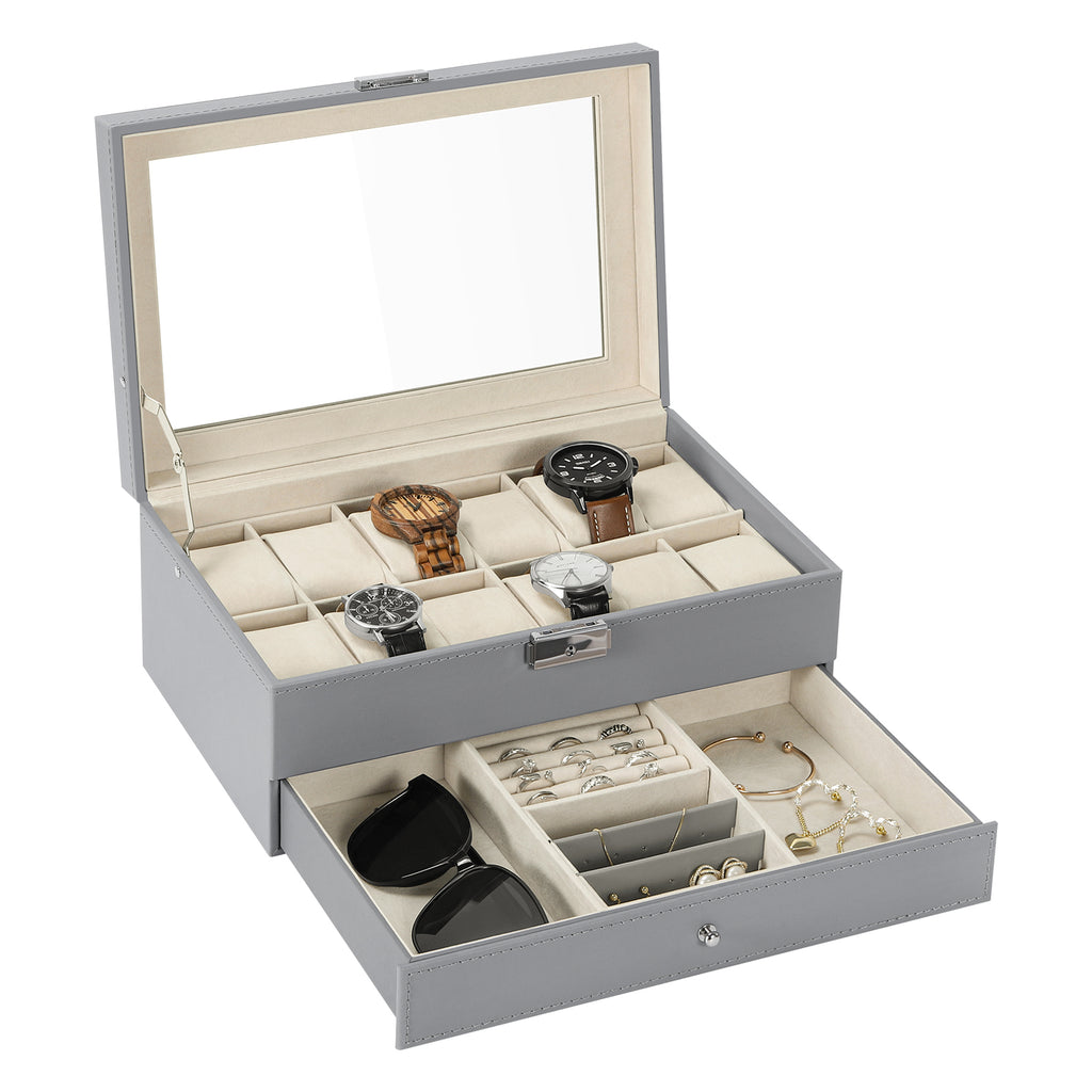 12-Slot PU Leather Watch and Jewelry Organizer with Clear Acrylic Lid, Gray Storage Case for Men and Women