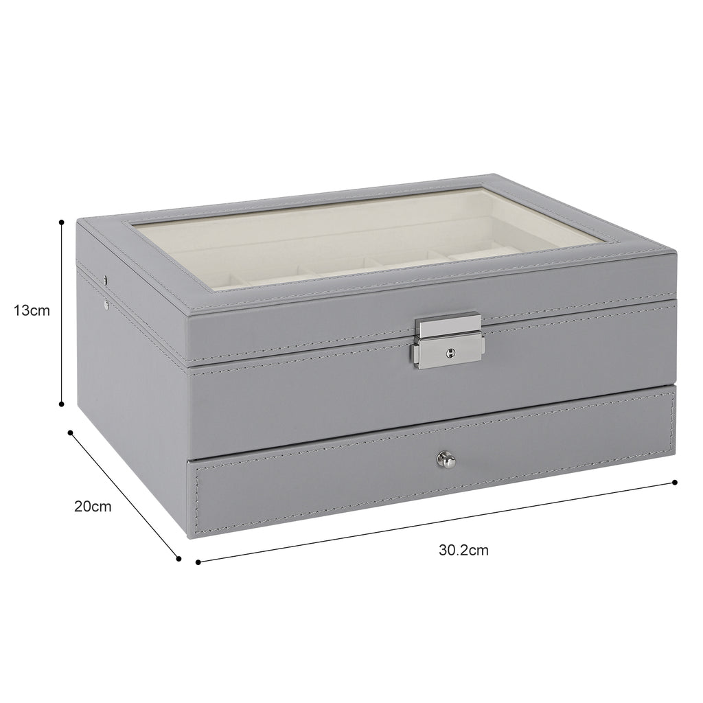 12-Slot PU Leather Watch and Jewelry Organizer with Clear Acrylic Lid, Gray Storage Case for Men and Women