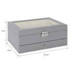 12-Slot PU Leather Watch and Jewelry Organizer with Clear Acrylic Lid, Gray Storage Case for Men and Women