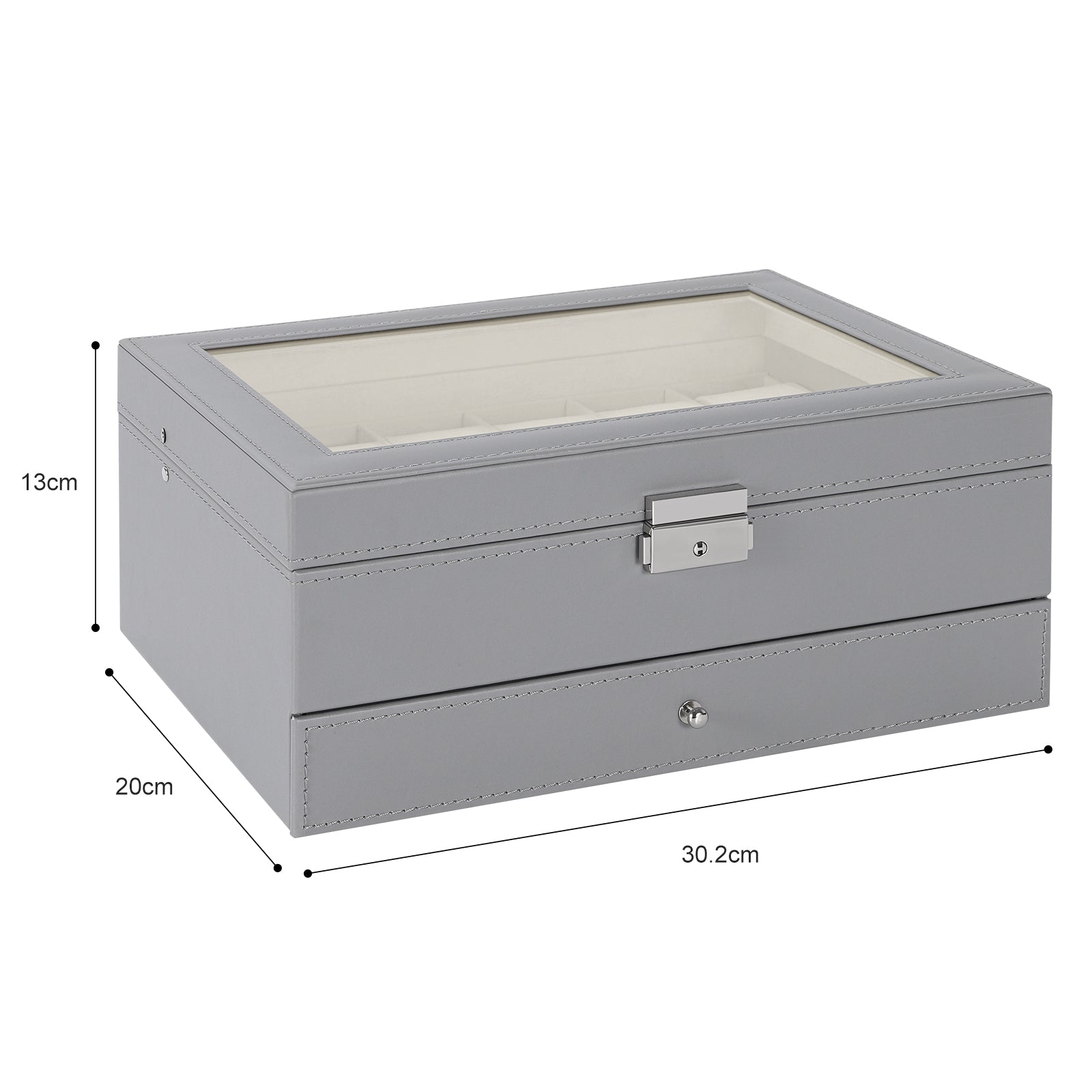 12-Slot PU Leather Watch and Jewelry Organizer with Clear Acrylic Lid, Gray Storage Case for Men and Women