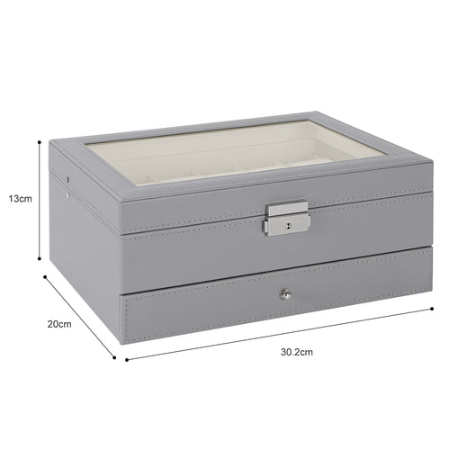 12-Slot PU Leather Watch and Jewelry Organizer with Clear Acrylic Lid, Gray Storage Case for Men and Women