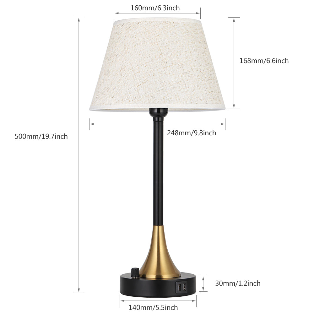 Pair of 20-Inch Bedside Lamps with Dual USB Charging Ports, Metal Base and Fabric Shades for Living, Sleeping, or Workspace Areas
