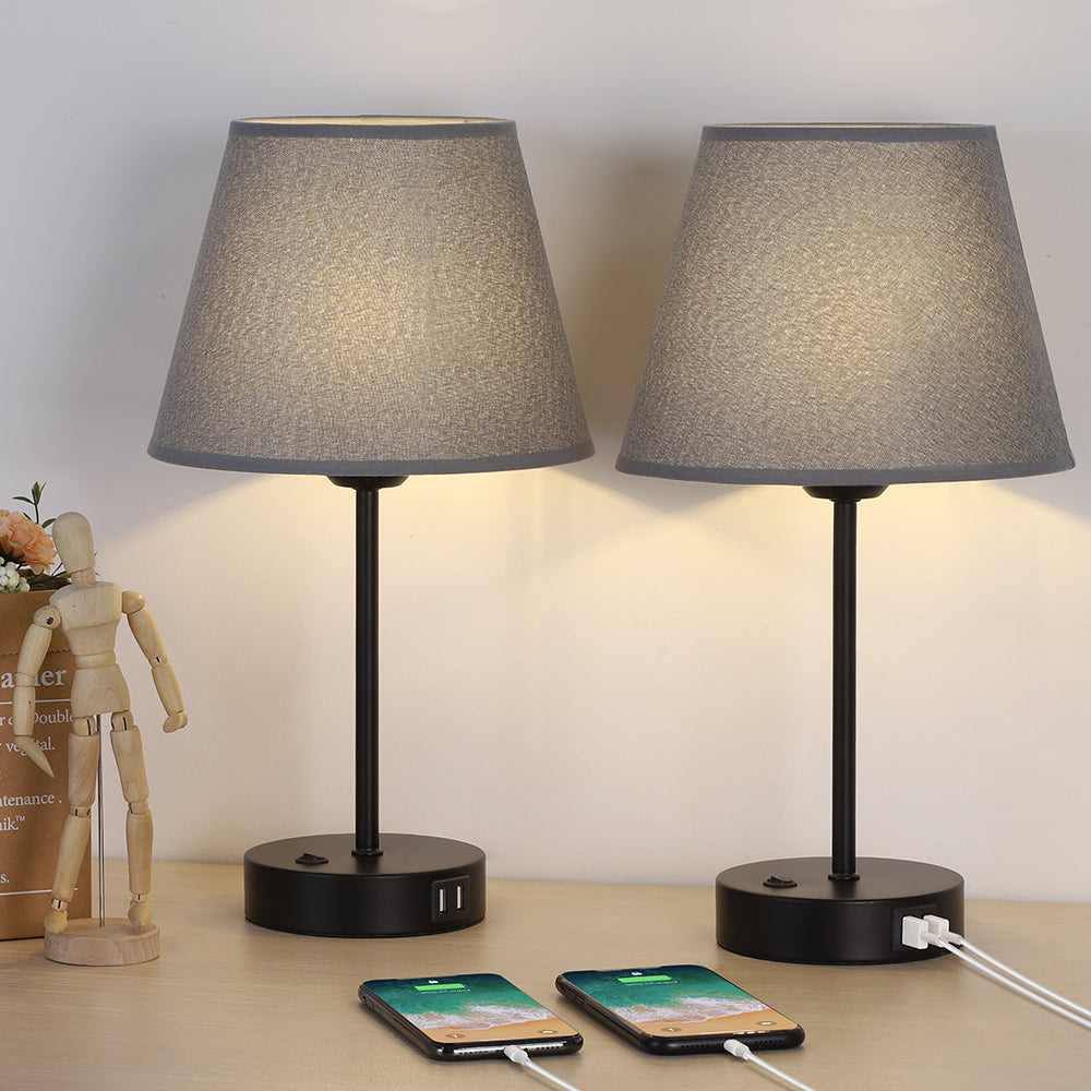 Set of 2 Contemporary Bedside Lamps with Dual USB Ports and Gray Fabric Shades for Home and Office use