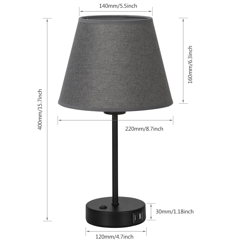 Set of 2 Contemporary Bedside Lamps with Dual USB Ports and Gray Fabric Shades for Home and Office use
