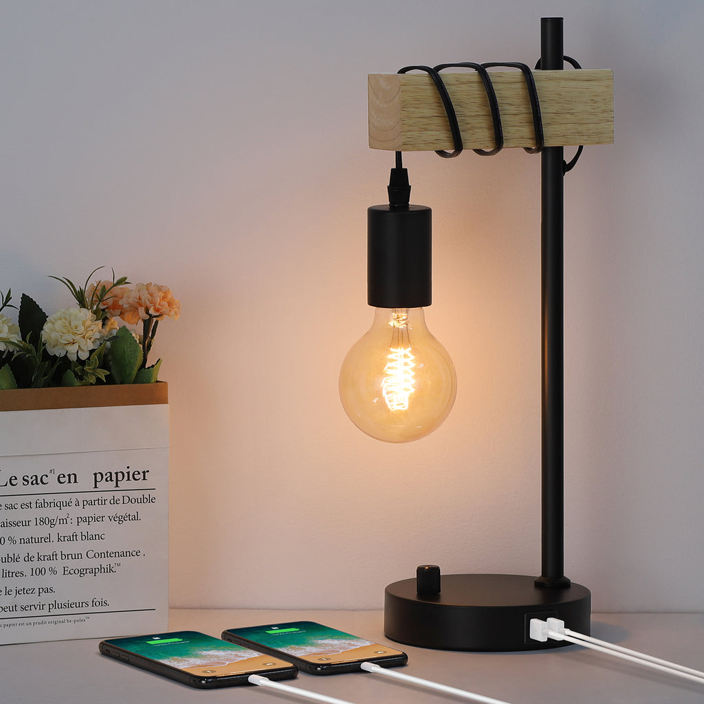 Vintage Wooden Desk Lamp with Dual USB Ports, Retro Nightstand Light for Bedroom and Office