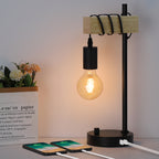 Vintage Wooden Desk Lamp with Dual USB Ports, Retro Nightstand Light for Bedroom and Office