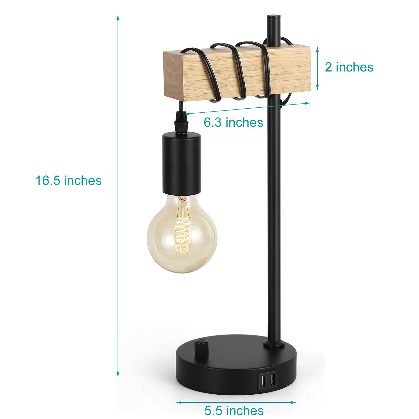 Vintage Wooden Desk Lamp with Dual USB Ports, Retro Nightstand Light for Bedroom and Office