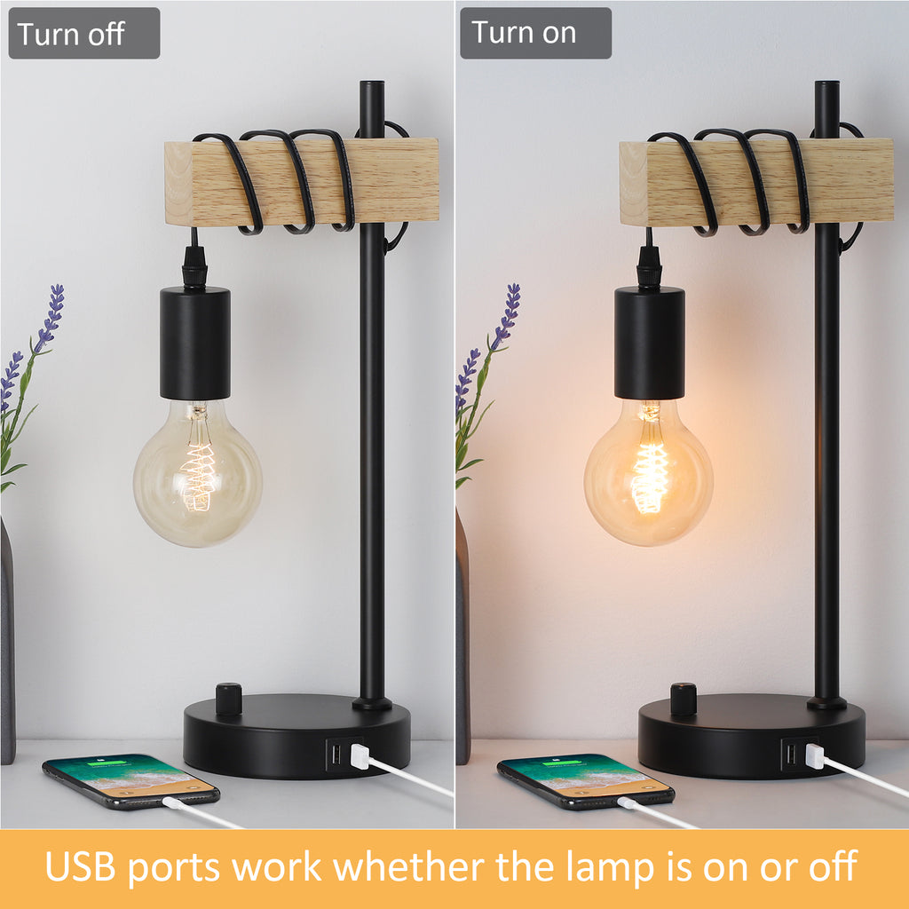 Vintage Wooden Desk Lamp with Dual USB Ports, Retro Nightstand Light for Bedroom and Office