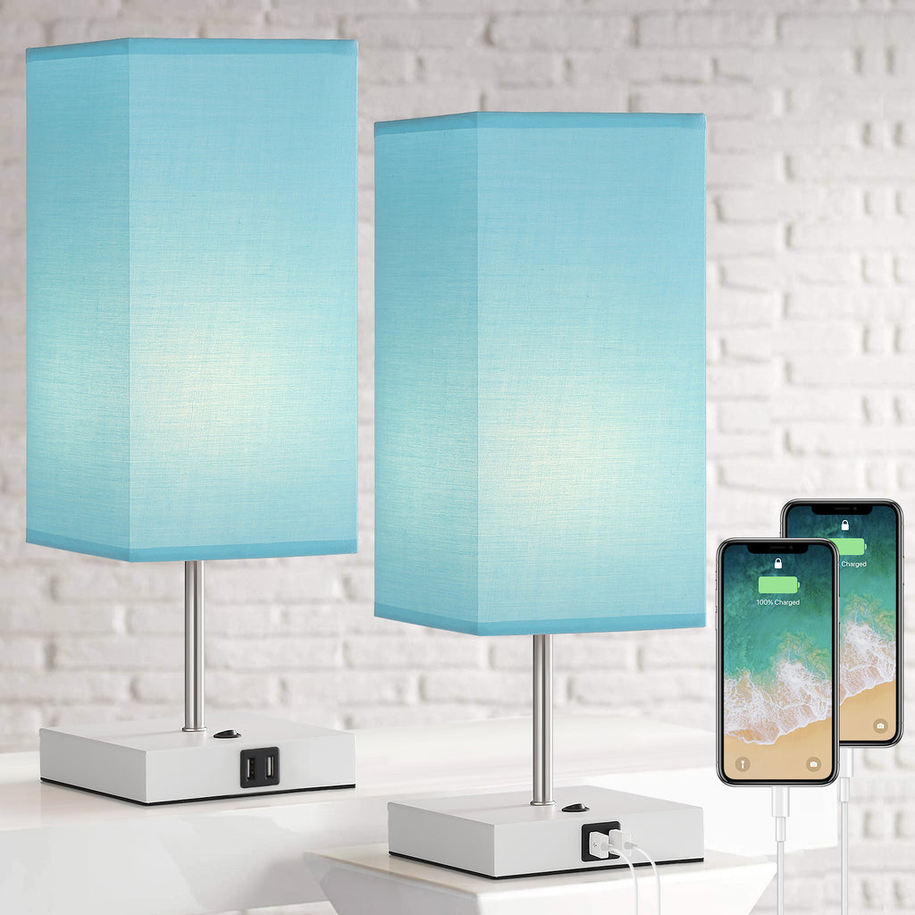 Pair of Modern Blue Nightstand Lamps with Integrated Dual USB Charging Ports for Bedrooms and Living Areas