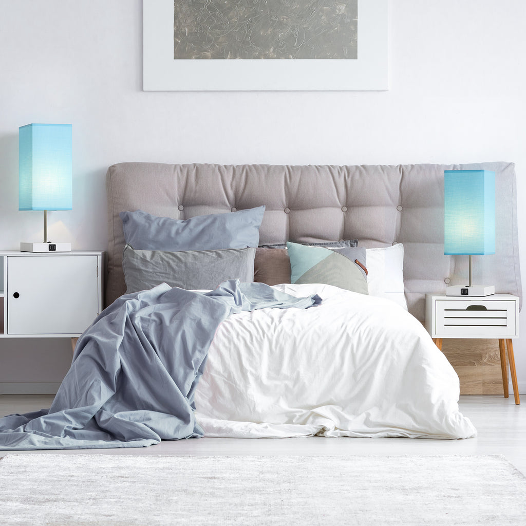 Pair of Modern Blue Nightstand Lamps with Integrated Dual USB Charging Ports for Bedrooms and Living Areas