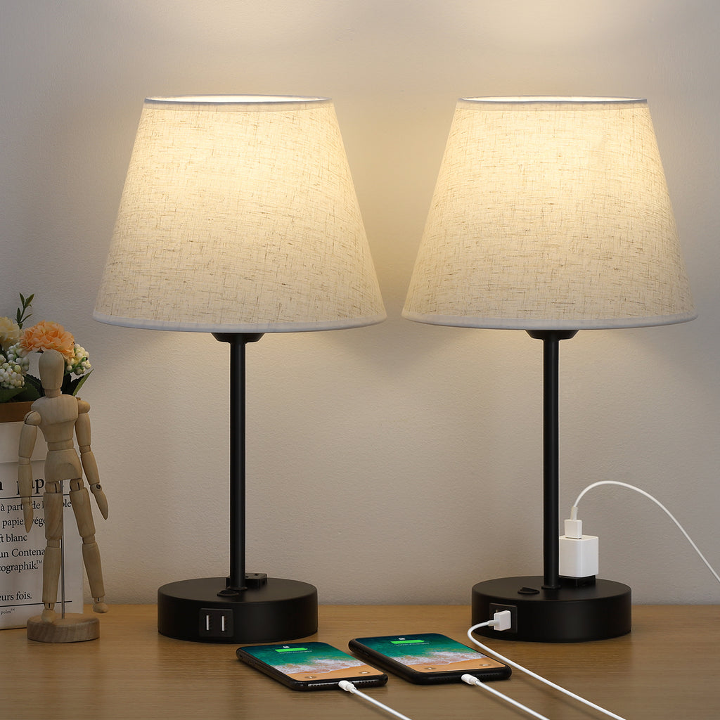Set of 2 Contemporary Bedside Table Lamps with Integrated Dual USB Ports and AC Outlet, Including LED Bulbs, Ideal for Bedroom or Living Room Lighting