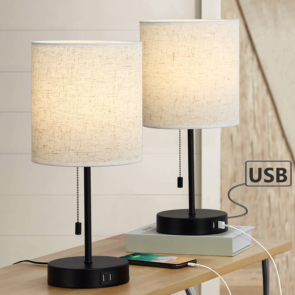 Pair of Modern Nightstand Lamps with Dual USB Ports and Fabric Shades for Bedroom or Office Reading