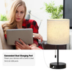 Pair of Modern Nightstand Lamps with Dual USB Ports and Fabric Shades for Bedroom or Office Reading