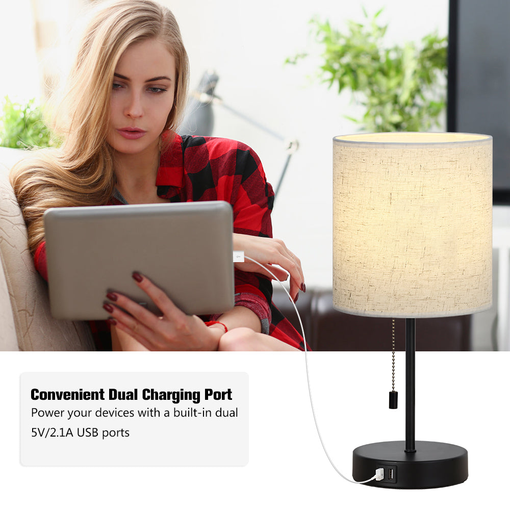 Pair of Modern Nightstand Lamps with Dual USB Ports and Fabric Shades for Bedroom or Office Reading