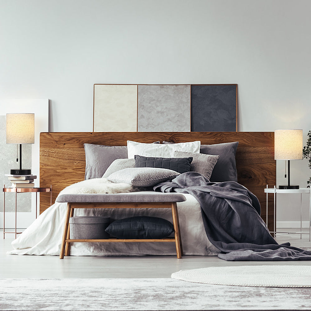 Pair of Modern Nightstand Lamps with Dual USB Ports and Fabric Shades for Bedroom or Office Reading