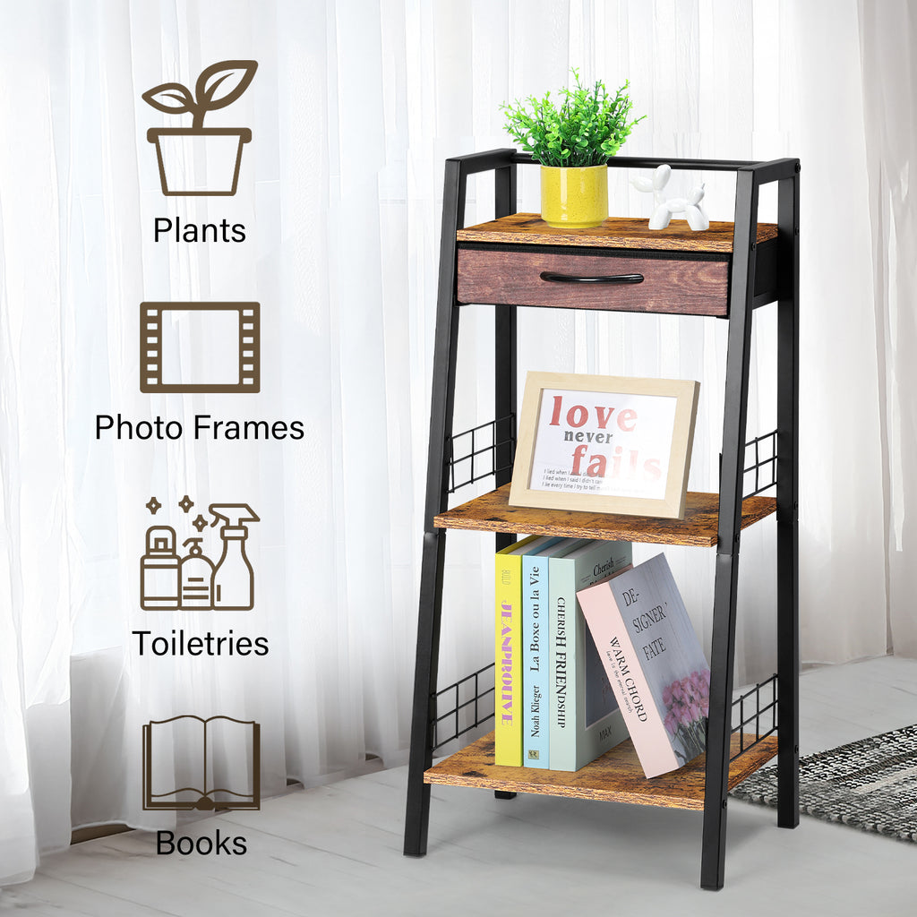 3 Tier Ladder Storage Shelf with Fabric Drawer, Freestanding Small Bookshelf Organizer Rack, Industrial Metal Frame Display Shelves for Bathroom, Bedroom, Living Room, Balcony, Black