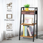 3 Tier Ladder Storage Shelf with Fabric Drawer, Freestanding Small Bookshelf Organizer Rack, Industrial Metal Frame Display Shelves for Bathroom, Bedroom, Living Room, Balcony, Black