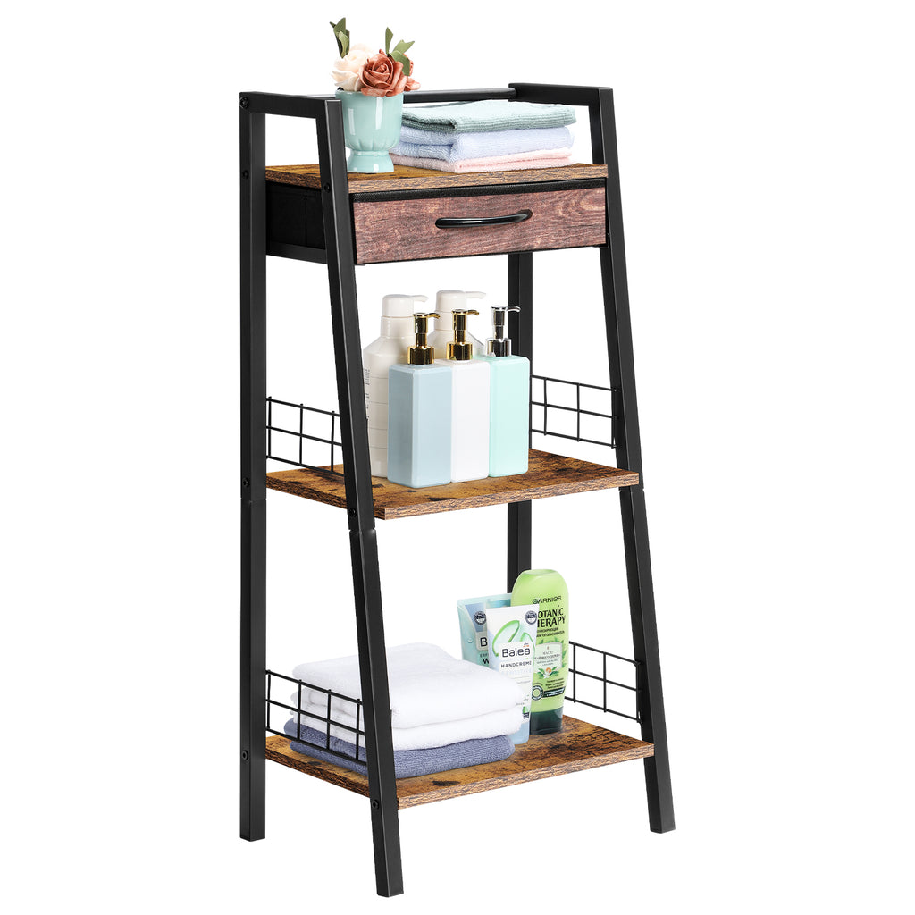 3 Tier Ladder Storage Shelf with Fabric Drawer, Freestanding Small Bookshelf Organizer Rack, Industrial Metal Frame Display Shelves for Bathroom, Bedroom, Living Room, Balcony, Black