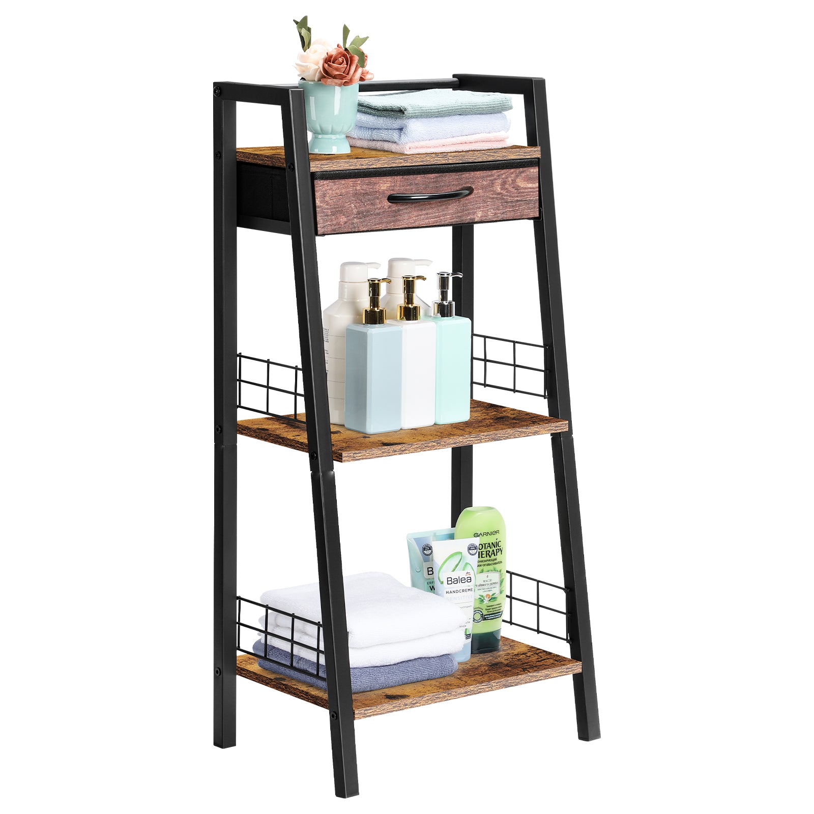3 Tier Ladder Storage Shelf with Fabric Drawer, Freestanding Small Bookshelf Organizer Rack, Industrial Metal Frame Display Shelves for Bathroom, Bedroom, Living Room, Balcony, Black