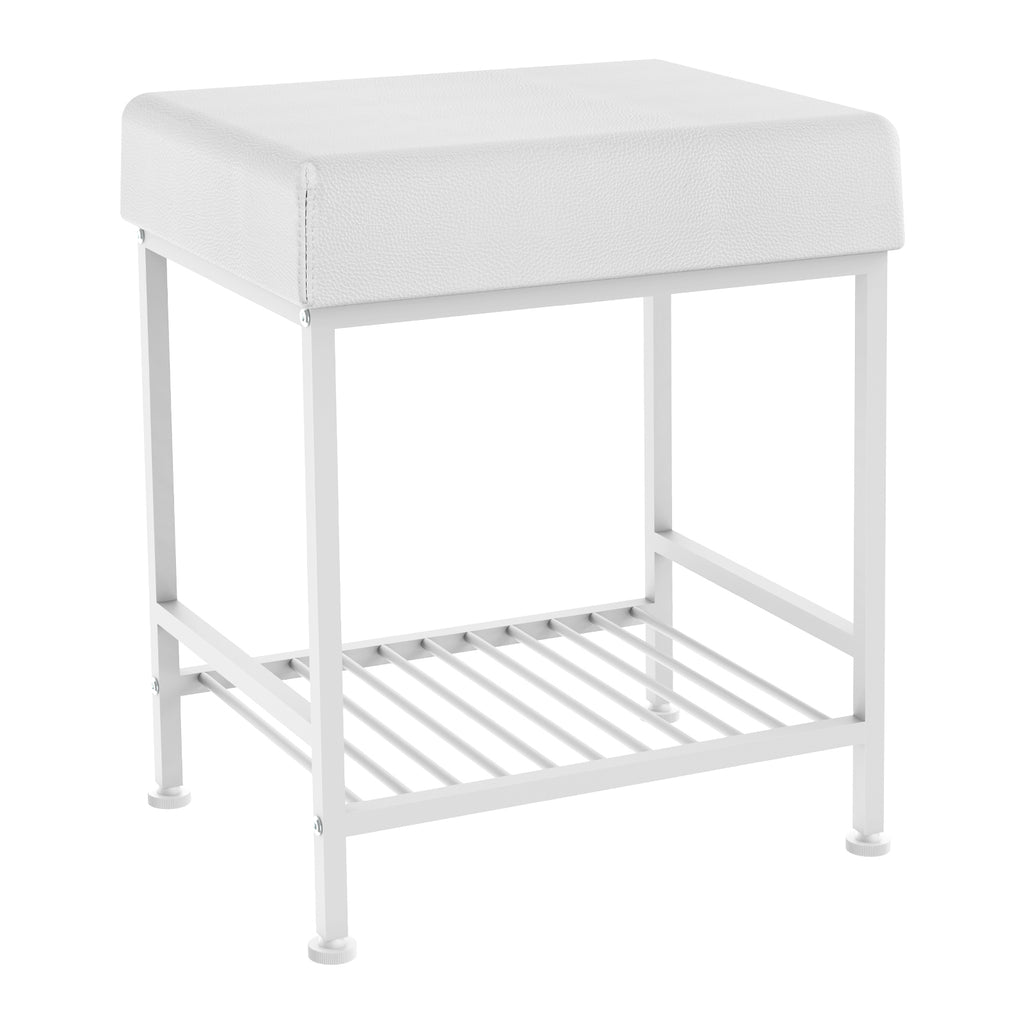 Square Vanity Stool with Storage Shelf, Black Faux Leather Padded Makeup Ottoman Bench, Heavy Duty Metal Frame Foot Stool with Adjustable Anti-Slip Feet, Multi Purpose Shoe Bench for Bedroom Entryway Living Room Bathroom