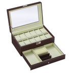 2 Tiers Watch Box, 12 Slot Watch Jewelry Box Organizer with Large Glass Lid, Jewelry Display Drawer Case, 2-Layer Watch Case and Sunglasses Storage with Lock, Watch Holder Display Case, Gift for Men Women Christmas Holidays Gift, Black