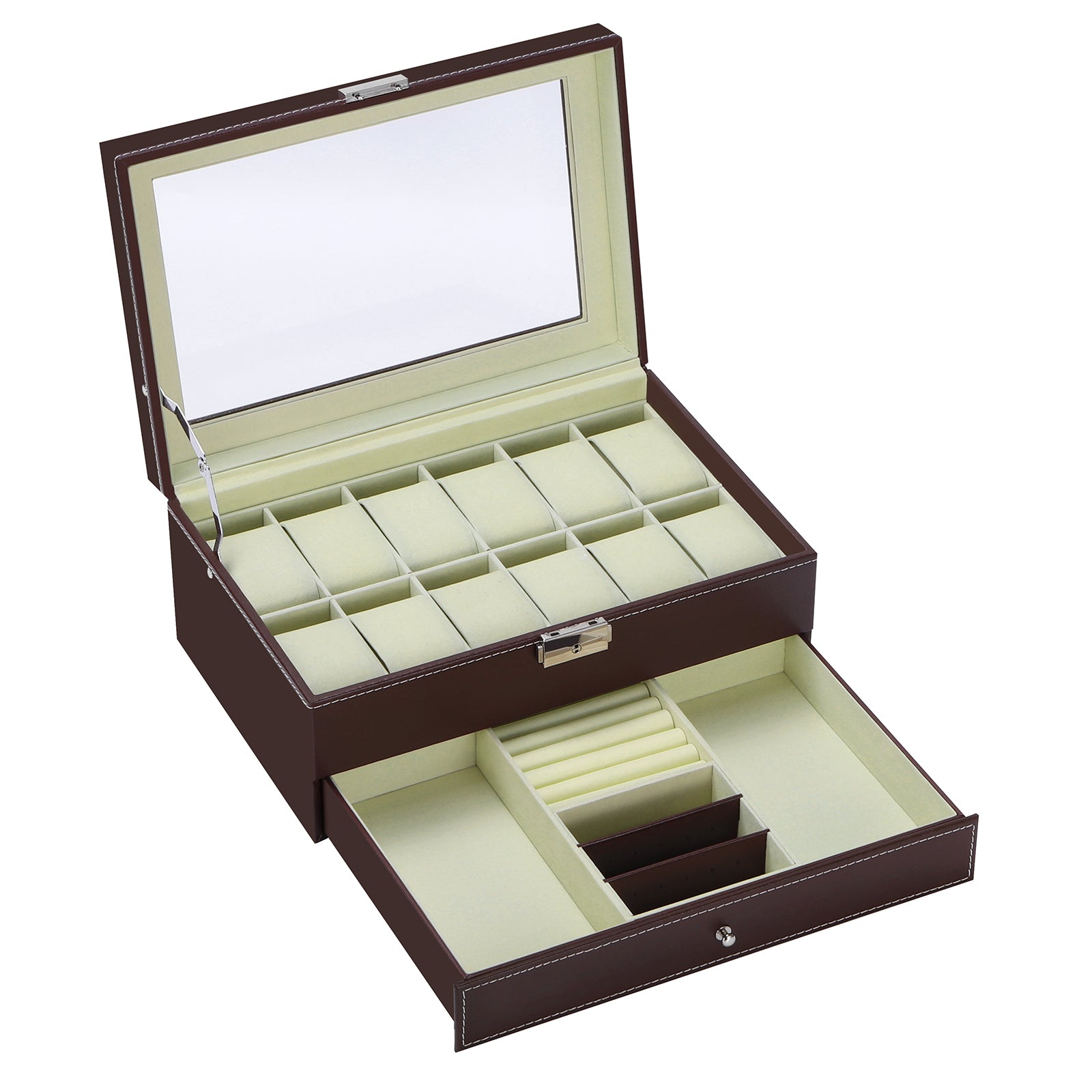 2 Tiers Watch Box, 12 Slot Watch Jewelry Box Organizer with Large Glass Lid, Jewelry Display Drawer Case, 2-Layer Watch Case and Sunglasses Storage with Lock, Watch Holder Display Case, Gift for Men Women Christmas Holidays Gift, Black