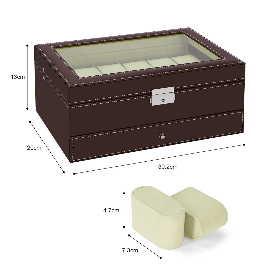 2 Tiers Watch Box, 12 Slot Watch Jewelry Box Organizer with Large Glass Lid, Jewelry Display Drawer Case, 2-Layer Watch Case and Sunglasses Storage with Lock, Watch Holder Display Case, Gift for Men Women Christmas Holidays Gift, Black