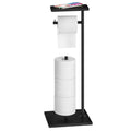 Free Standing Toilet Paper Holder Stand with Shelf, Black Metal & Wood Toilet Paper Storage with Reserve, Bathroom Organizer for Mega Rolls, Phones, Wipes