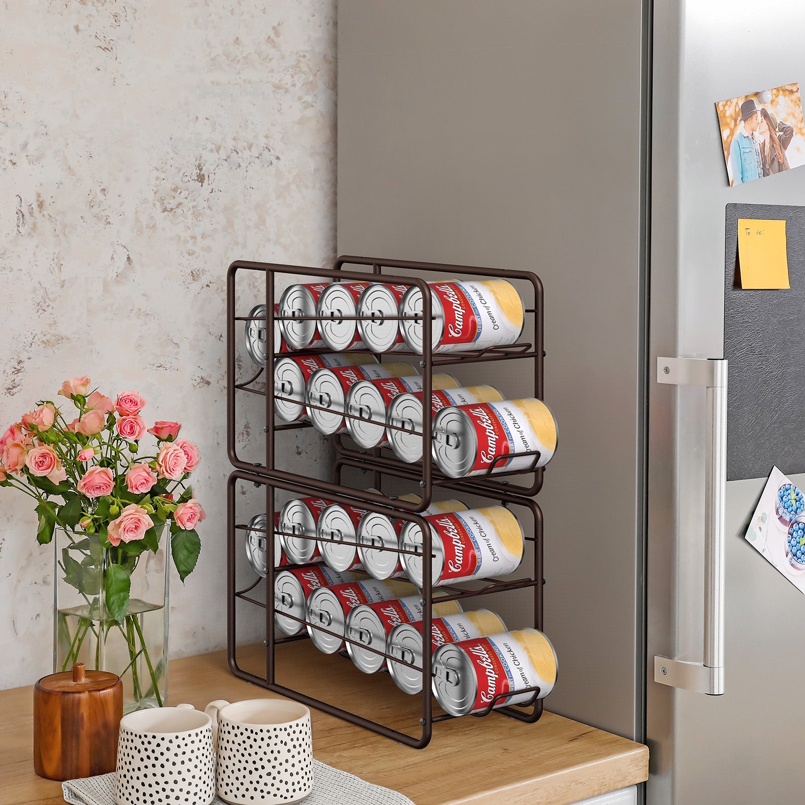 4 Pack Stackable Can Dispenser Racks, Bronze Metal Soda & Canned Food Organizer, Automatic Rolling Can Storage Holder for Kitchen Pantry, Countertop, Fridge