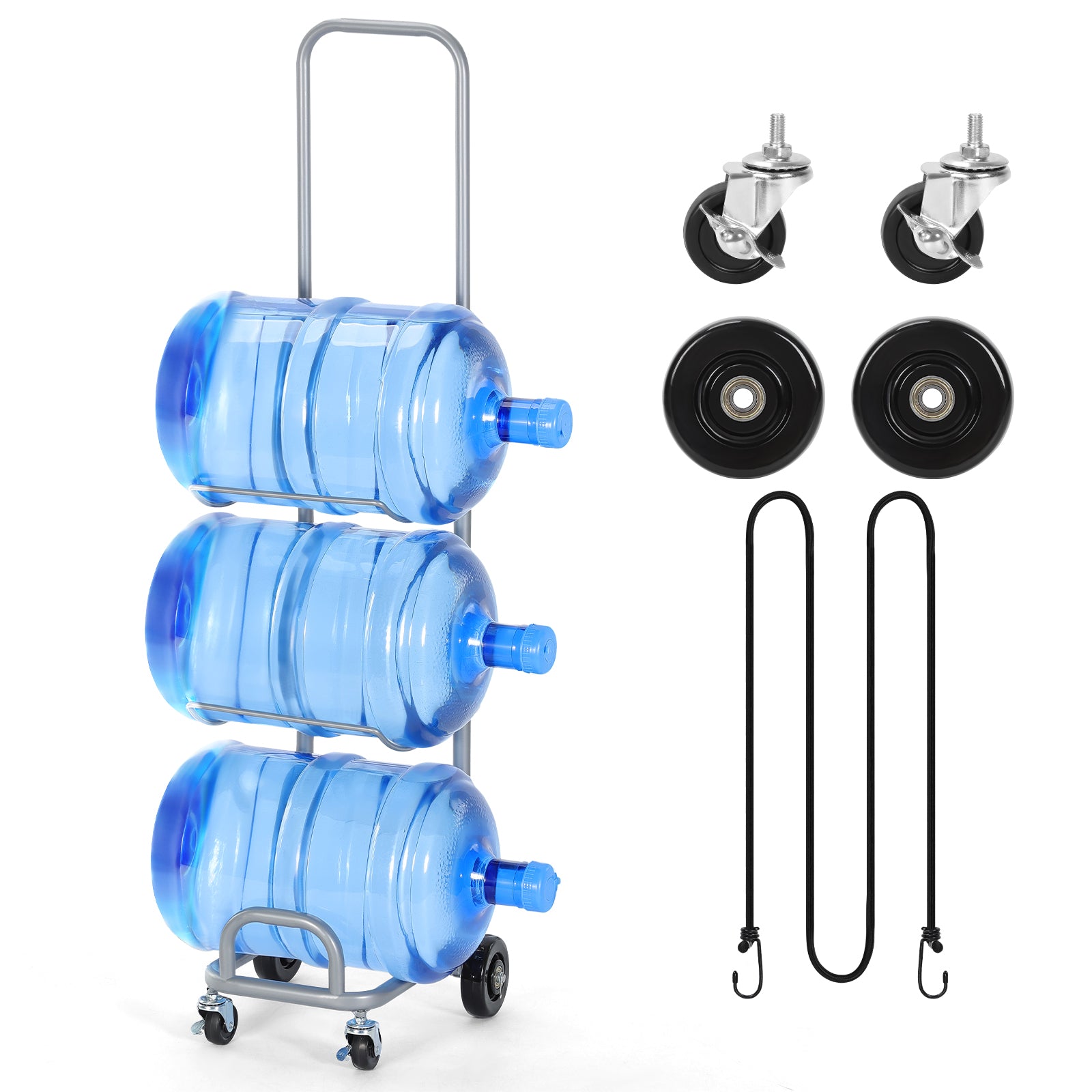 3 Tier Rolling 5 Gallon Water Jug Storage Rack Cart, Adjustable Height Black Metal Water Bottle Holder with Lockable Casters & Elastic Rope, Freestanding Water Cooler Jug Organizer for Office Kitchen Pantry