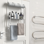 Over-the-Door Towel Rack with Storage Basket, No-Drill Hanging Organizer with Hooks for Bathroom, Kitchen, RV & Camper, White