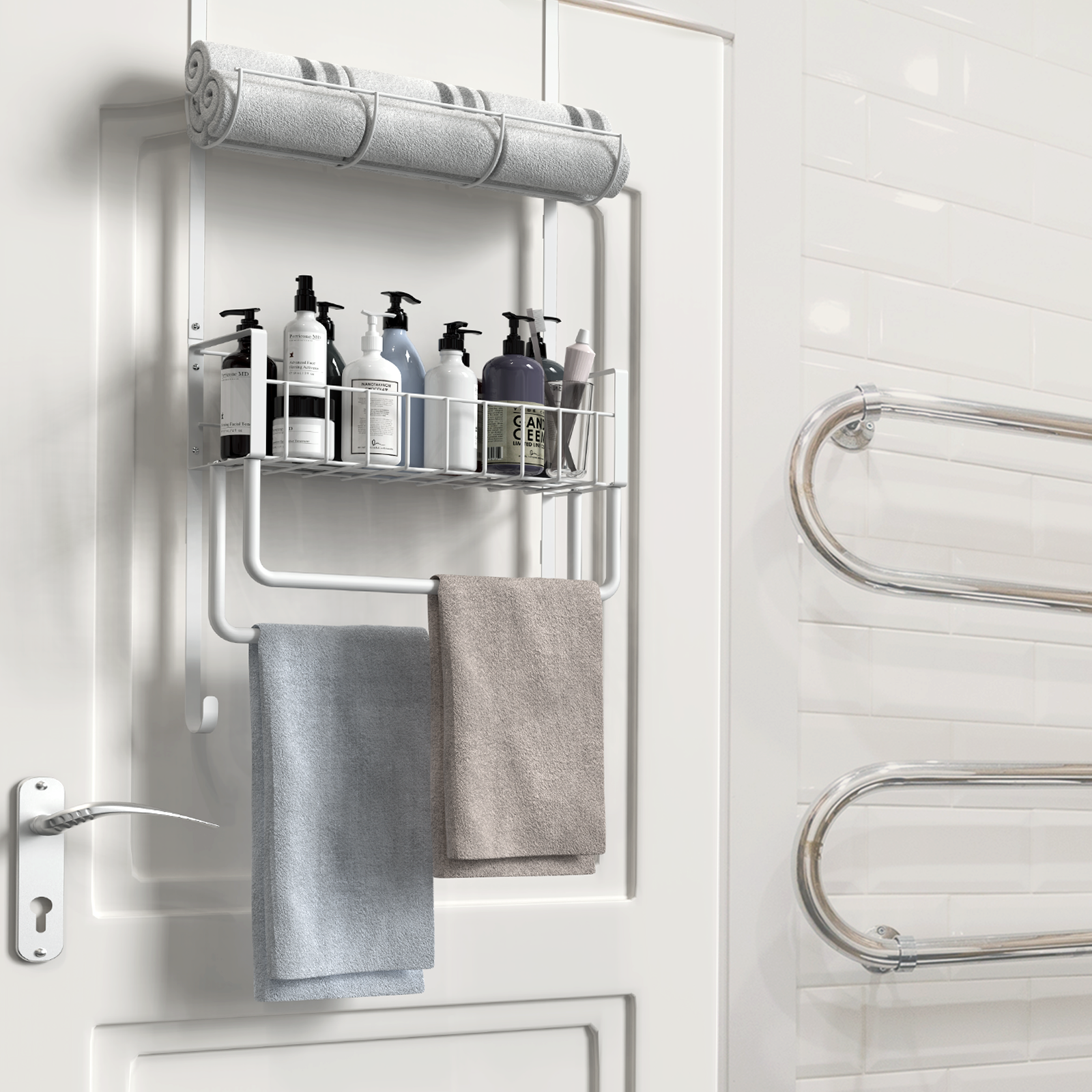 Over-the-Door Towel Rack with Storage Basket, No-Drill Hanging Organizer with Hooks for Bathroom, Kitchen, RV & Camper, White