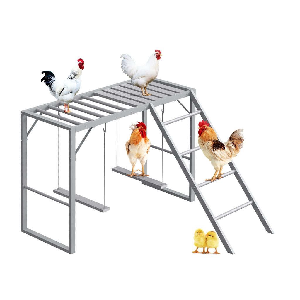 Chicken Perch Playground with Swing Set, Grey Wooden Chicken Activity Toy with Roosting Bars, Ladder & Swings for Coop, Holds 4-6 Chickens