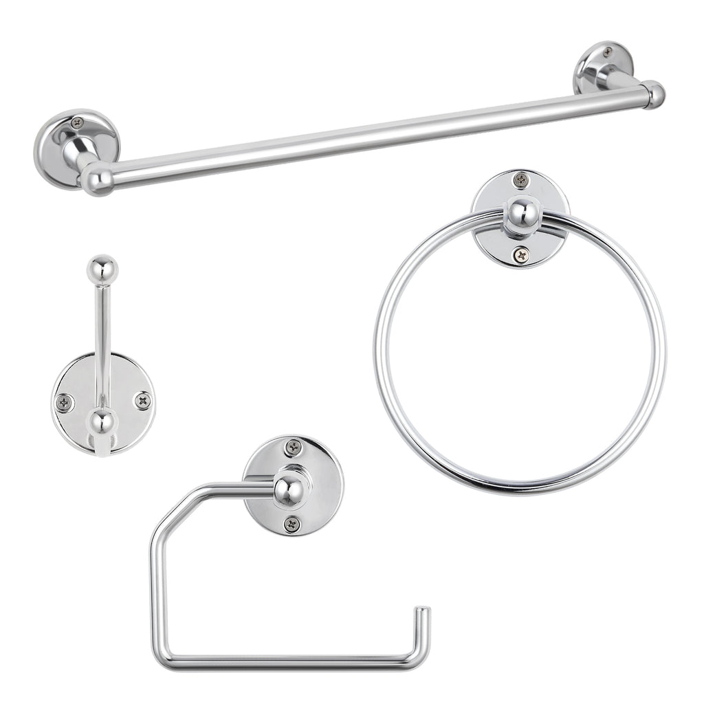 4-Piece Industrial Wall-Mounted Restroom Accessory Kit featuring 18-Inch Towel Bar, Tissue Holder, Ring, and Hook in Silver