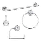 4-Piece Industrial Wall-Mounted Restroom Accessory Kit featuring 18-Inch Towel Bar, Tissue Holder, Ring, and Hook in Silver
