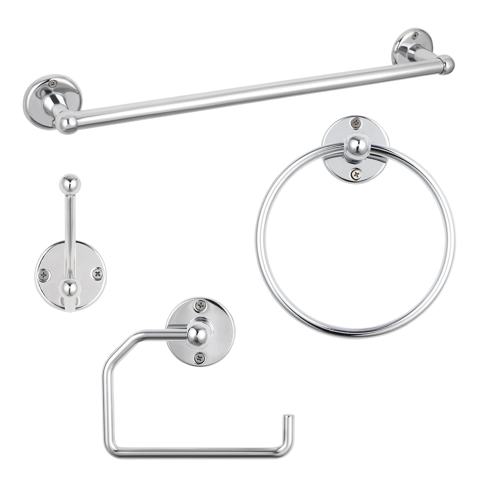 4-Piece Industrial Wall-Mounted Restroom Accessory Kit featuring 18-Inch Towel Bar, Tissue Holder, Ring, and Hook in Silver
