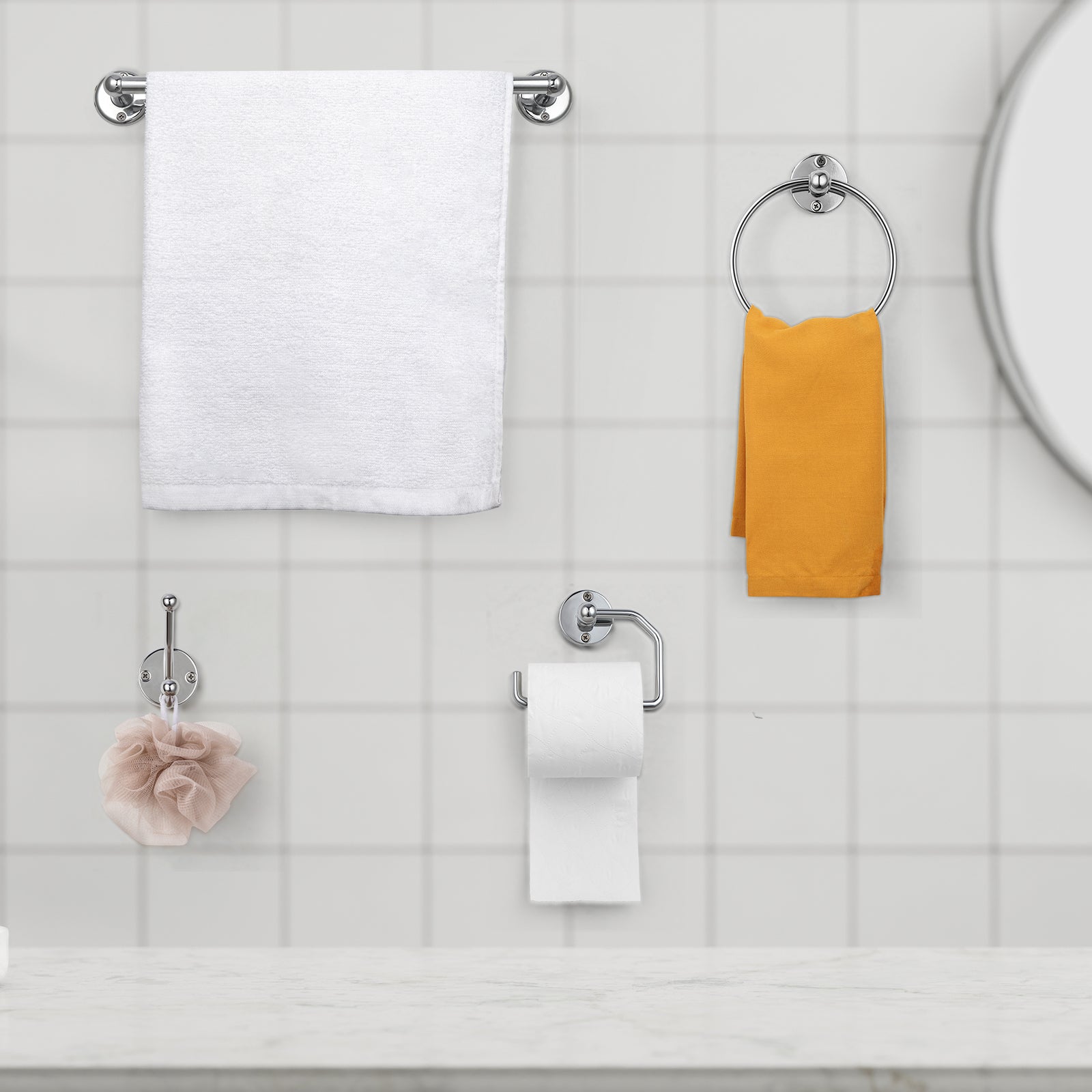 4-Piece Industrial Wall-Mounted Restroom Accessory Kit featuring 18-Inch Towel Bar, Tissue Holder, Ring, and Hook in Silver