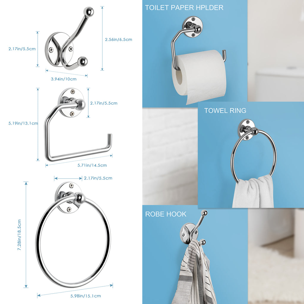 4-Piece Industrial Wall-Mounted Restroom Accessory Kit featuring 18-Inch Towel Bar, Tissue Holder, Ring, and Hook in Silver