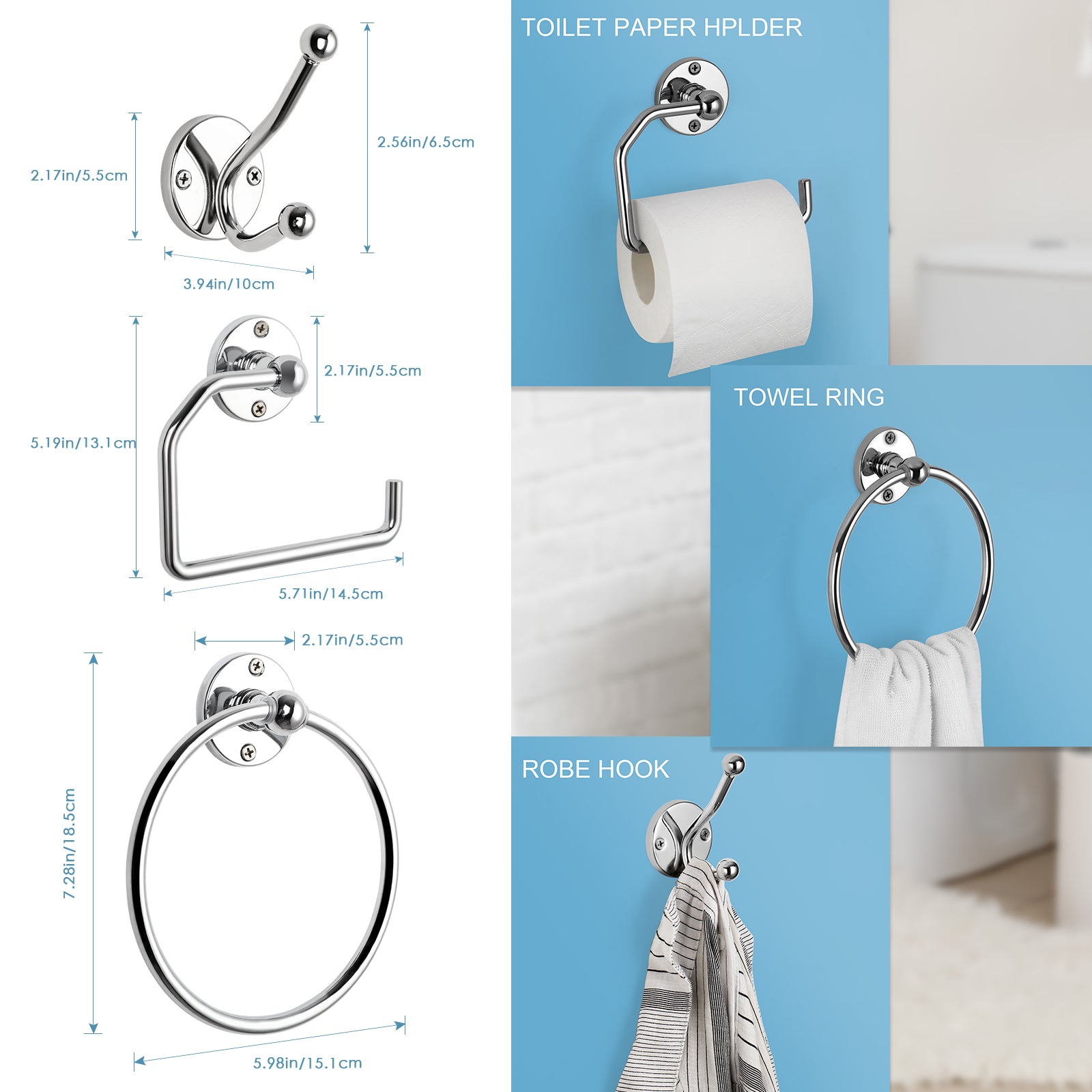 4-Piece Industrial Wall-Mounted Restroom Accessory Kit featuring 18-Inch Towel Bar, Tissue Holder, Ring, and Hook in Silver