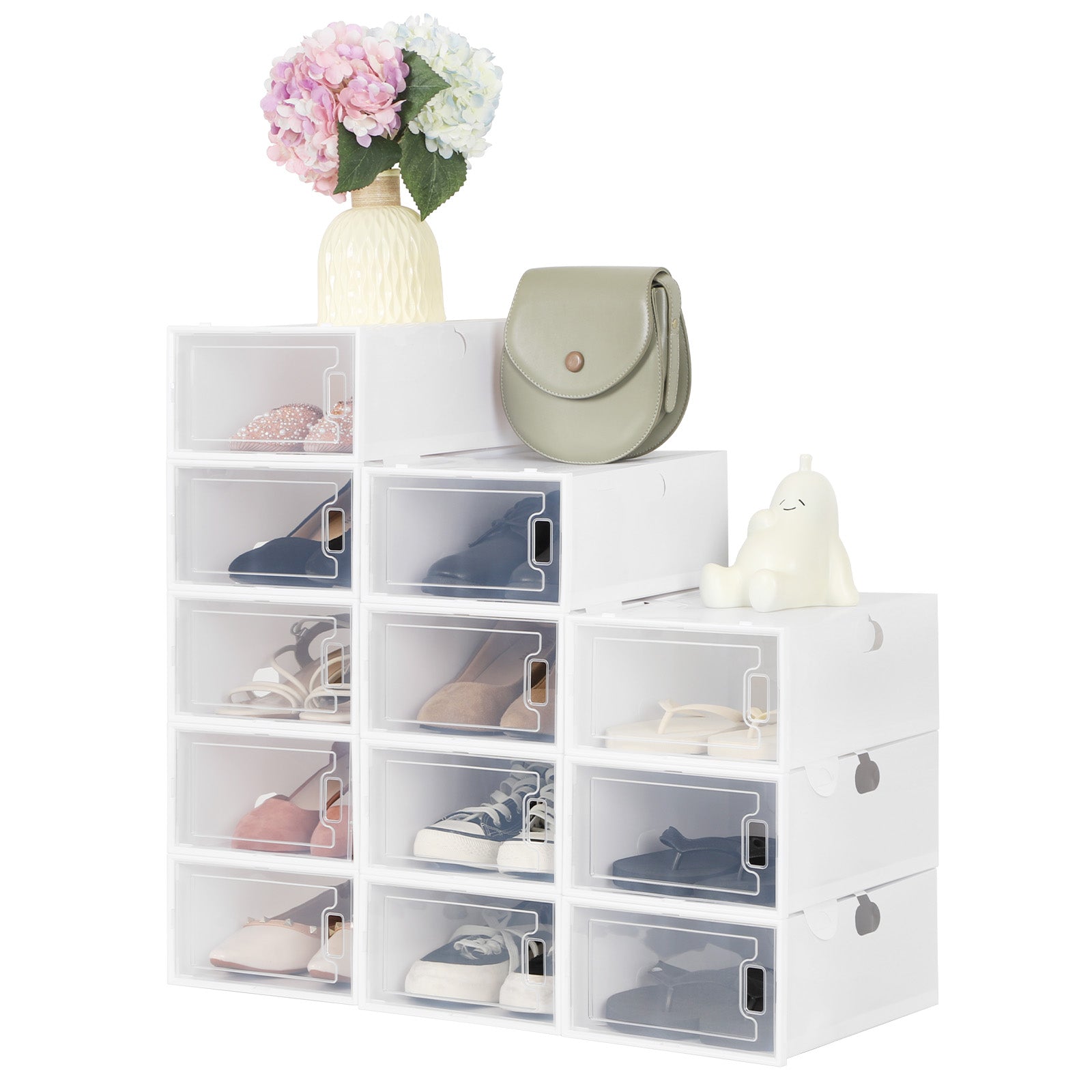 Set of 12 Stackable Clear Plastic Shoe Storage Bins with Lids, Versatile Sneaker and Closet Organizers