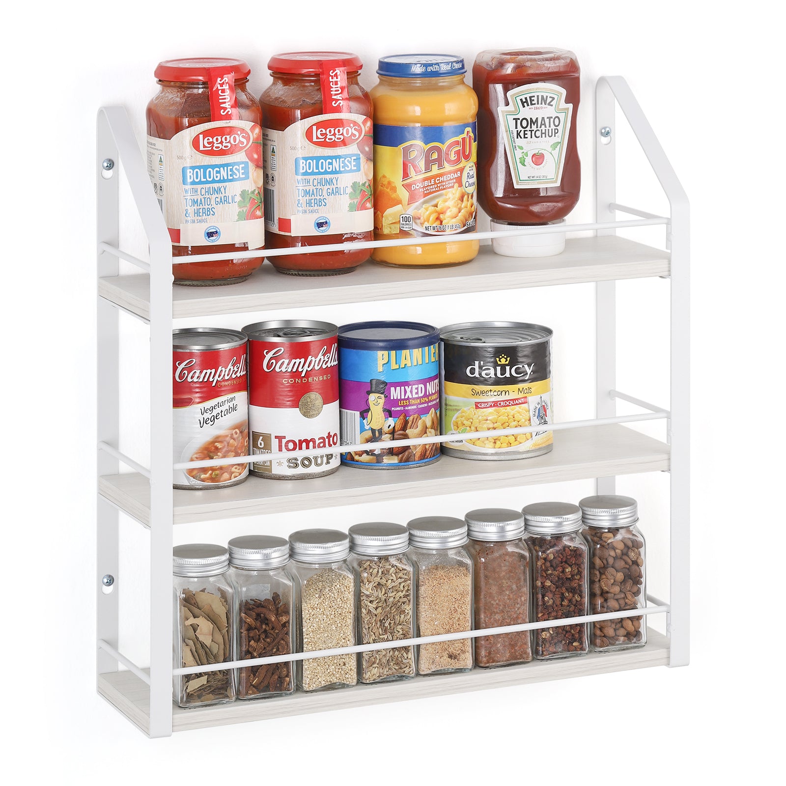 3-Tier Wall-Mounted White Spice Rack and Seasoning Shelf Organizer for Kitchen Pantry and Countertops