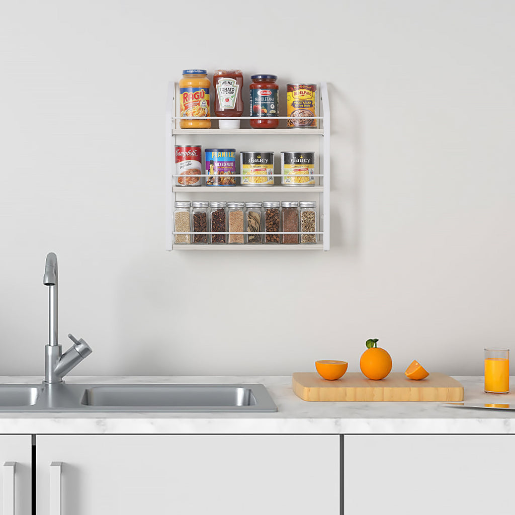 3-Tier Wall-Mounted White Spice Rack and Seasoning Shelf Organizer for Kitchen Pantry and Countertops