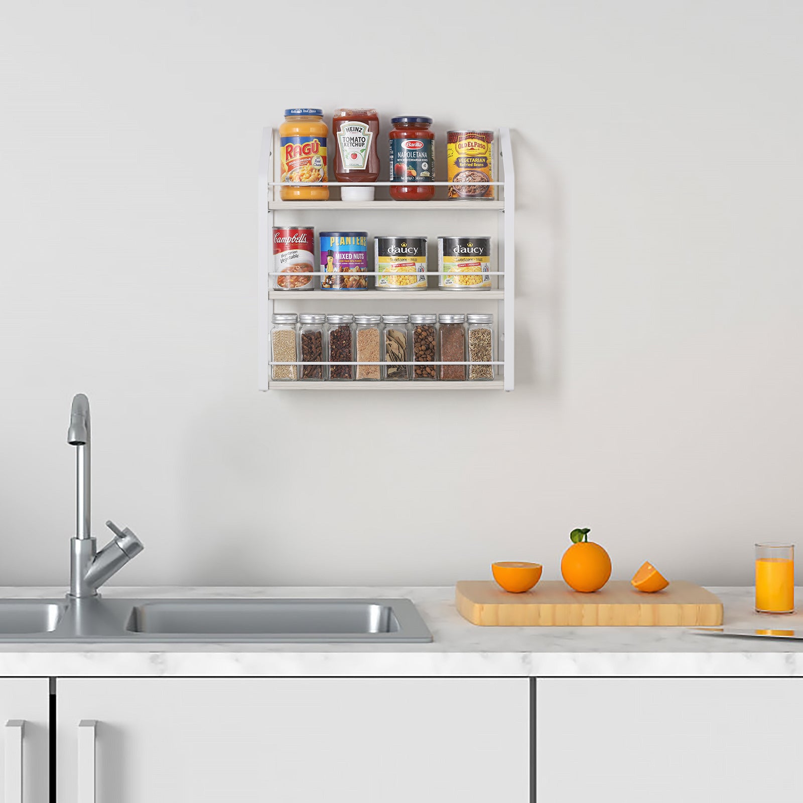3-Tier Wall-Mounted White Spice Rack and Seasoning Shelf Organizer for Kitchen Pantry and Countertops