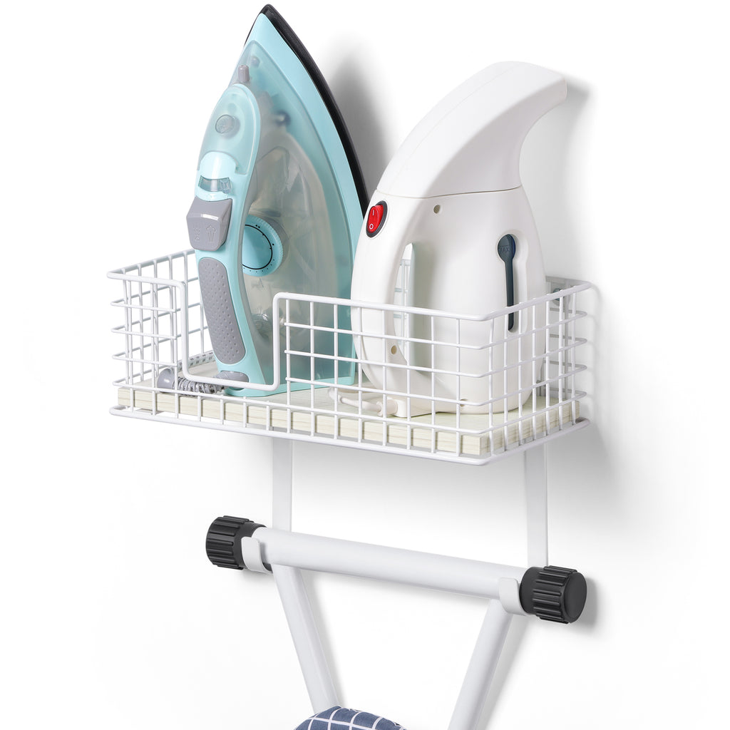 Wall-Mounted Iron and Ironing Board Organizer with Storage Basket, MDF Shelf, and Detachable Hooks for T-Leg Boards, White
